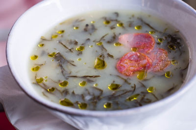 High angle view of soup in bowl on table