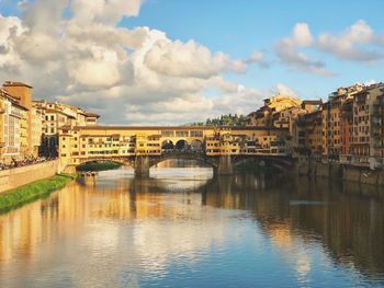 Bridge over river by buildings against sky