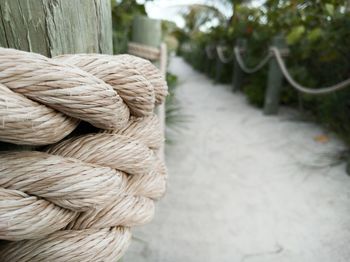 Close-up of rope rolled up on wooden post