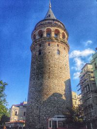 Low angle view of clock tower against blue sky