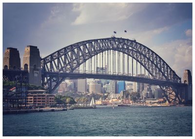 Bridge over river with buildings in background