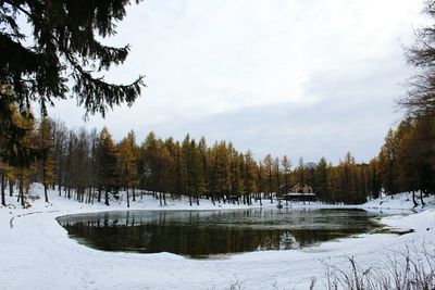 Scenic view of frozen lake against sky during winter