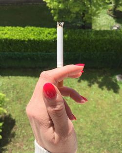 Cropped image of woman with cigarette at park