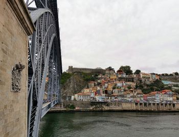 Bridge over river by buildings in town against sky