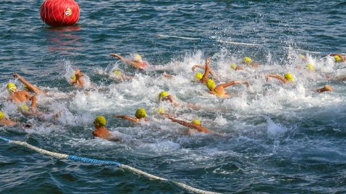 High angle view of people swimming in sea