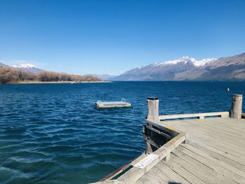 Scenic view of lake against clear blue sky