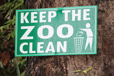 Close-up of information sign on tree trunk