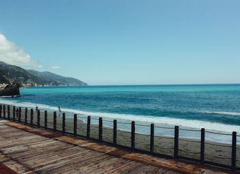 Scenic view of sea against clear blue sky