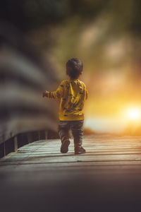 Rear view of boy standing on wood