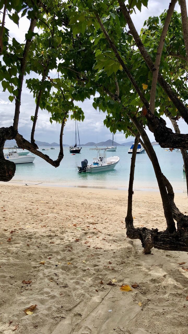 BOATS MOORED ON BEACH AGAINST SKY