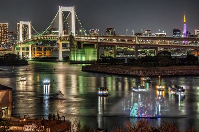 Illuminated bridge over river at night