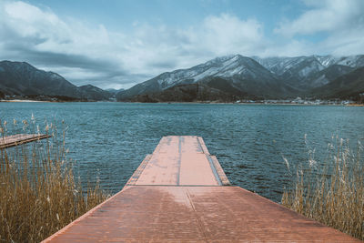 Scenic view of lake by snowcapped mountains against sky