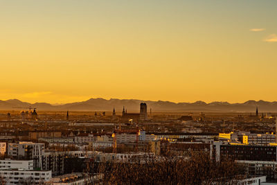 High angle view of cityscape against sky during sunset