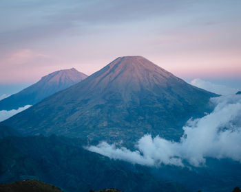 Scenic view of snowcapped mountains against sky during sunset