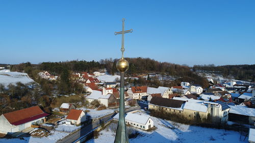 Snow on roof against clear blue sky