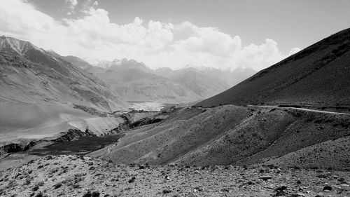 Panoramic view of snowcapped mountains against sky