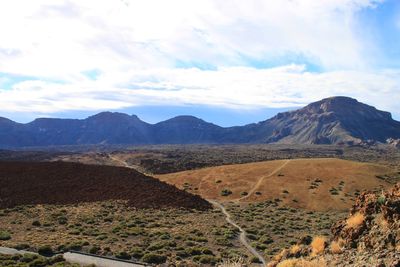 Scenic view of landscape and mountains against sky
