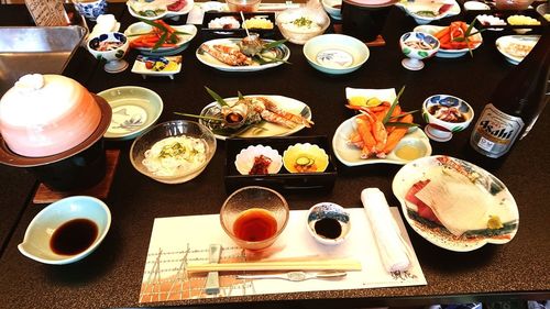 High angle view of food on table