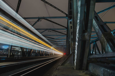 Light trails on railroad tracks in city