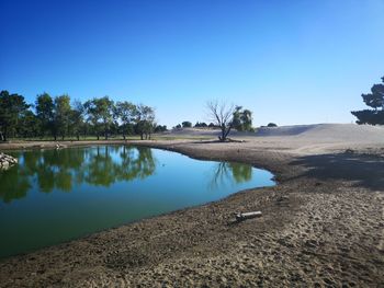 Scenic view of lake against clear blue sky