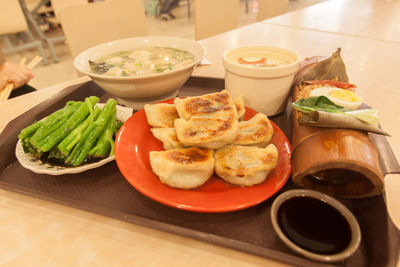 Close-up of food served on table