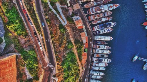 Aerial view of boats moored water