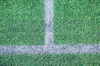 High angle view of yard lines on soccer field