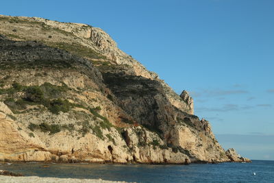 Rock formations in sea against clear blue sky