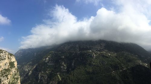 Scenic view of mountains against cloudy sky