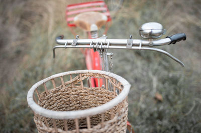 Close-up of bicycle handlebar with basket