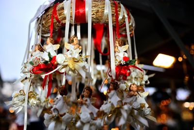 Close-up of christmas decoration hanging from plant