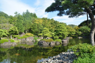 Scenic view of lake by trees against sky