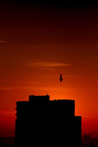 Silhouette of a building and a bird flying against orange sky