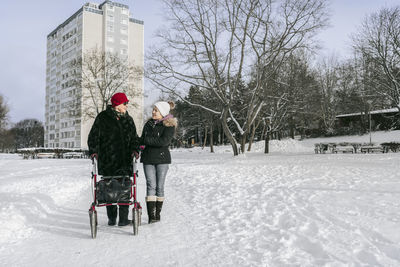 Women having walk at winter