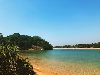 Scenic view of sea against clear blue sky