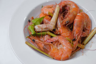 High angle view of seafood in plate on table