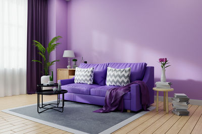 Cozy living room interior decorated,ultraviolet home decor concept