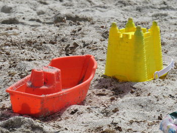 High angle view of toy on beach