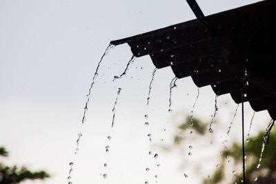 Low angle view of raindrops on roof against sky