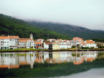 Houses by lake and buildings against sky