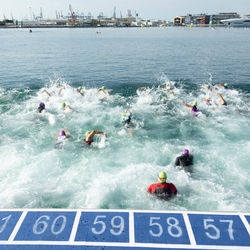 High angle view of people swimming in sea