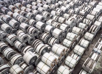 High angle view of huge rolled up cables at industry