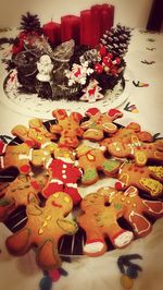 High angle view of christmas decoration on table