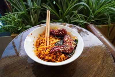 High angle view of meal served on table