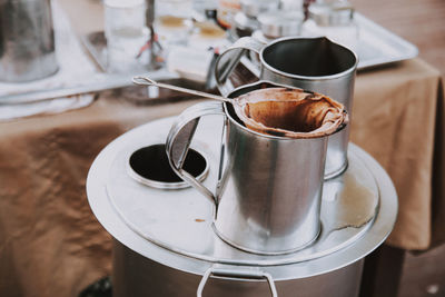 High angle view of coffee cup on table