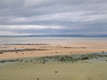 Scenic view of beach against cloudy sky