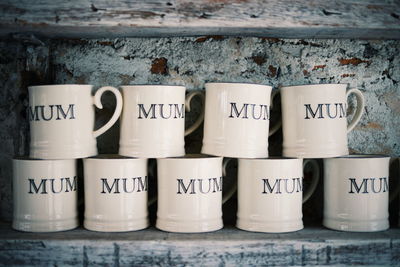 Close-up of text on shelf