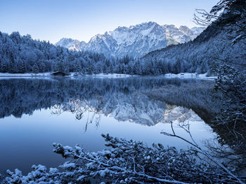 Scenic view of lake by snowcapped mountains against sky