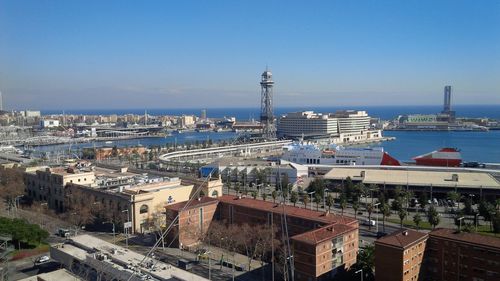 High angle view of port city