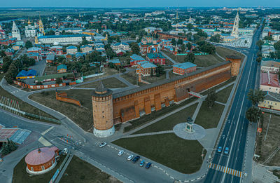 High angle view of city street and buildings